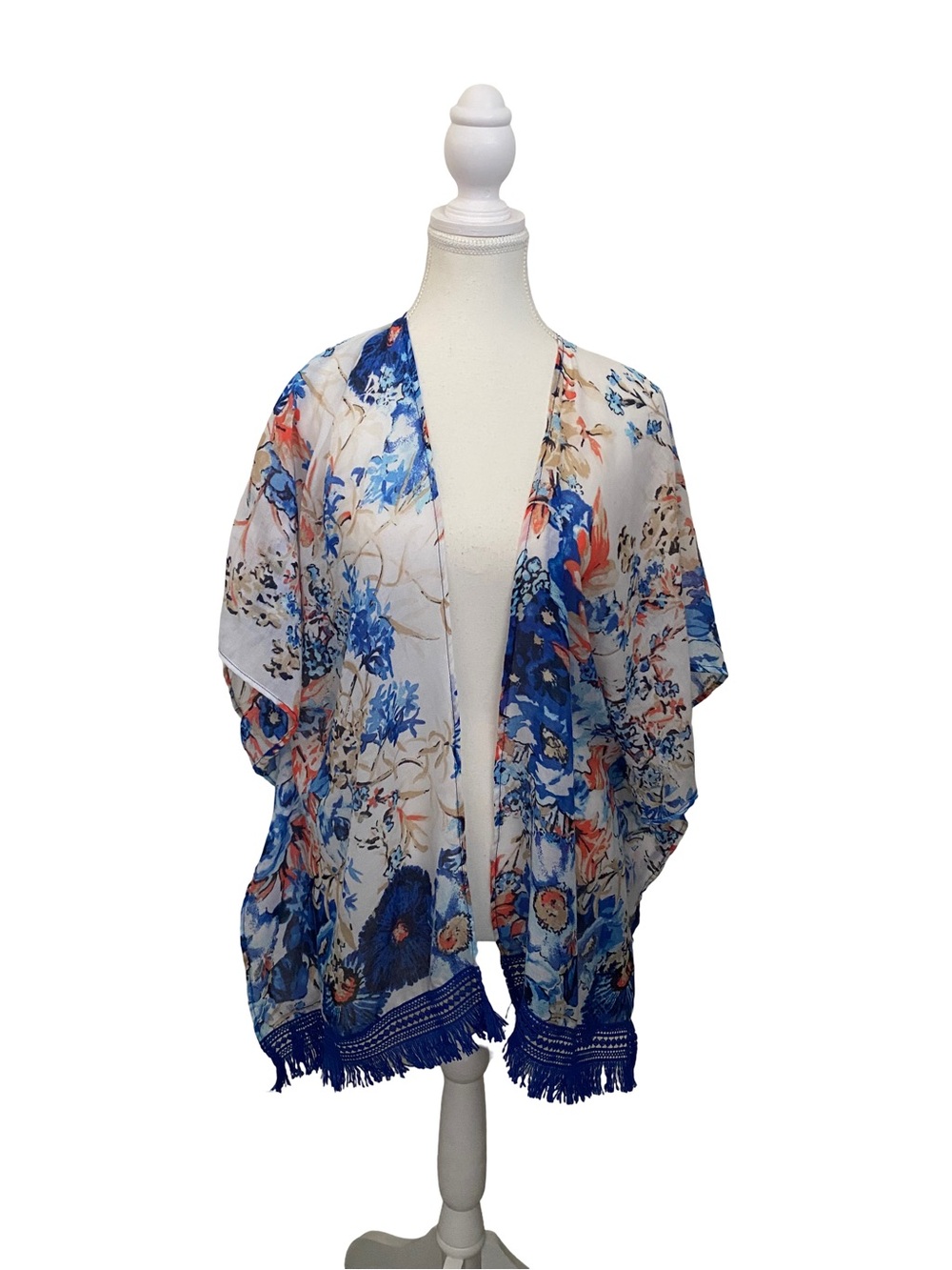 Chico's NWT Blue White & Coral Floral Kimono - Size L/XL